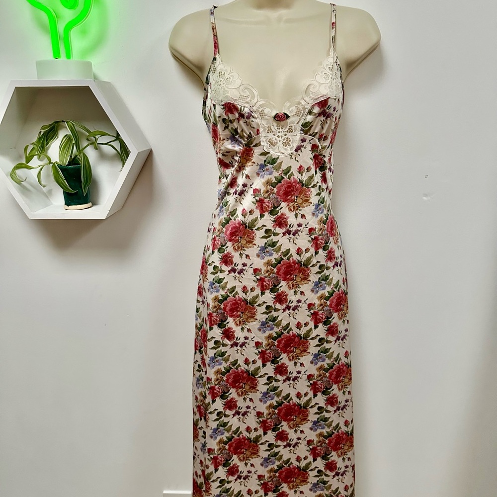 Vintage Cream and Red Floral Maxi Dress - made in USA